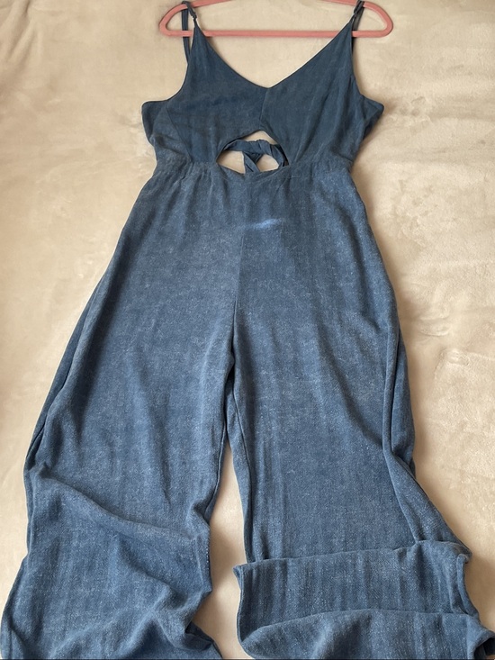 Indah Pants - Indah Denim-Blue Wide Leg Jumpsuit with Front Keyhole